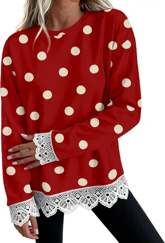 Vista 18 de Fall Sweatshirts for Women Crewneck Scalloped Lace Trim Cute Pullover Tops Lightweight Long Sleeve Polka Dot Sweatshirt,Oversized Leopard Print A