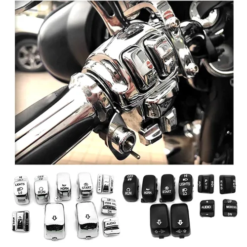 Vista 6 de Para Harley Touring Street/Electra Glide FLHT FLHTC FLHX 1996-2013 motocicleta 10 piezas interruptor de control manual tapas de los botones