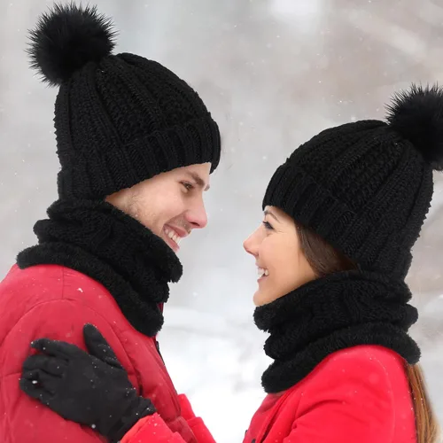 Vista 5 de Sureio Conjunto de 27 piezas de gorro de punto con pompón, bufanda cálida, guantes para pantalla táctil, gorro de punto para mujer