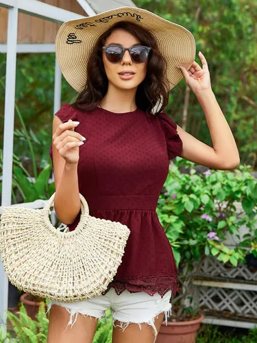 Vista 5 de SweatyRocks Blusa peplum de encaje con volantes y espalda descubierta para mujer
