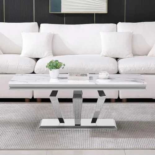 Vista 26 de SSLine Moderna mesa de centro de 1 pieza para sala de estar, mesa de centro de lujo de mármol sintético con patas de acero inoxidable en forma de S