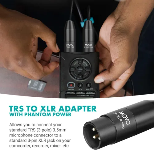 Vista 2 de Movo FXLR-PRO 0.138 in (TRS) Adaptador de micrófono hembra Mini-Jack a conector macho XLR de 3 pines con convertidor de alimentación Phantom
