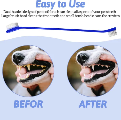 Vista 3 de 100 cepillos de dientes para perros de doble cabeza, kit de cepillado de dientes de cachorro de mango largo, cepillos dentales suaves para mascotas