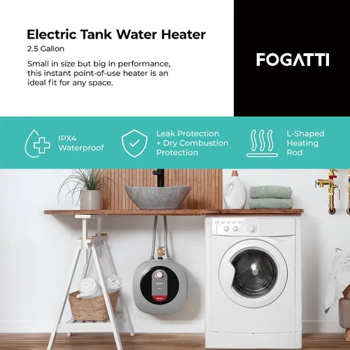 Vista 2 de Fogatti Mini calentador de agua eléctrico de 2.5 galones 1440 W, montaje en pared/piso, gris
