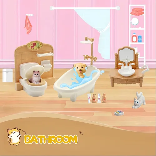 Vista 5 de Juego de muebles para casa de muñecas, colección completa de habitación con cocina, comedor, sala de estar, dormitorio y accesorios de baño