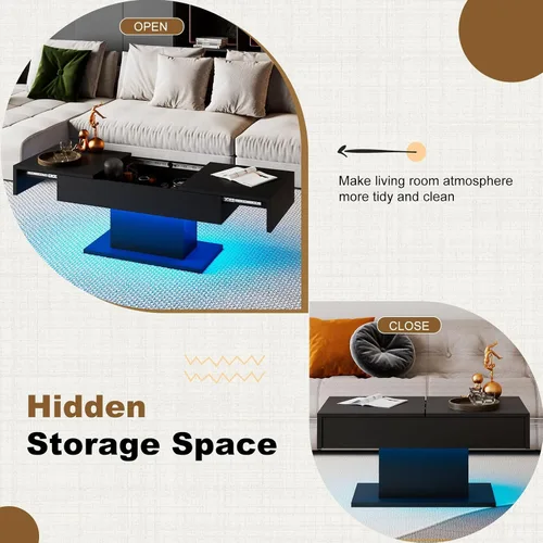 Vista 3 de HedoAjim - Mesa de café LED negra con almacenamiento para sala de estar, mesa de centro rectangular para sala de estar, mesas de café modernas