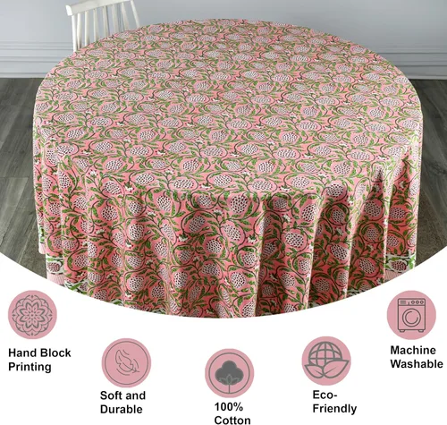 Vista 30 de Ridhi Mantel redondo estampado a mano color rosa flamenco 110 pulgadas 100%