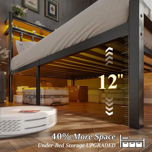 Vista 6 de Homkdom Base de cama de metal de tamaño individual con luces LED inteligentes y cabecera de almacenamiento de 2 niveles, base de colchón resistente