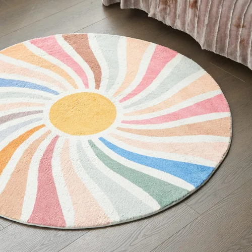 Vista 4 de Topotdor Alfombra redonda con diseño de arco iris, colorida alfombra bohemia para niños, ultra suave, lavable, para habitación de bebé, dormitorio