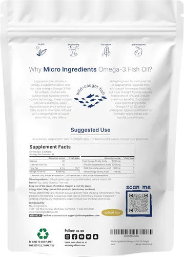 Vista 3 de Suplementos de aceite de pescado Omega 3 de triple fuerza, 4200 mg por porción y aceite de hígado de bacalao, 2,000 mg por porción, 360 cápsulas