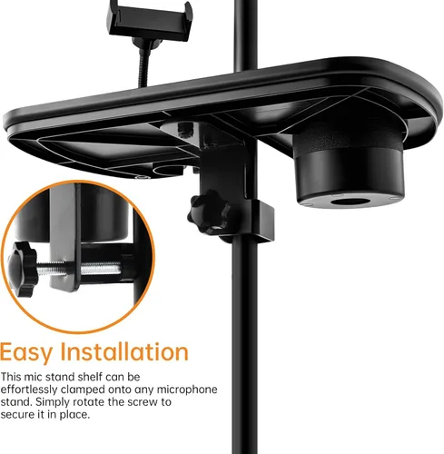 Vista 7 de Bandeja de soporte para micrófono con soporte para teléfono, abrazadera grande de 12.2 pulgadas en la mesa de estante Fits 0.4"-2" pole. Hold 9.9