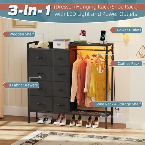 Vista 4 de HIGDBFE Cómoda con estante para colgar, cómoda de 8 cajones para dormitorio con estación de carga y luces LED, cómoda de tela con zapatero, cómoda