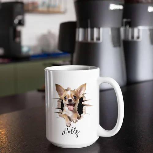 Vista 6 de Tazas de café con nombre personalizado único y emocionado Chihuahua rompió la pared, tazas de café personalizadas para perros, regalo para niños