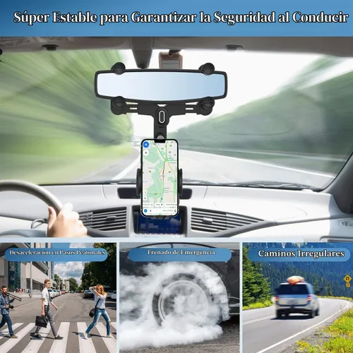 Vista 6 de Soporte de teléfono de coche para espejo retrovisor, giratorio 360° y retráctil, se adapta a teléfonos inteligentes de 4.0 a 7.0 pulgadas, espejo