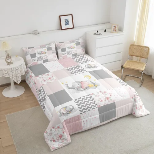 Vista 4 de Lindo juego de edredón de elefante, tamaño individual, juego de ropa de cama de dibujos animados Kawaii con flores de animales para niños y hombres