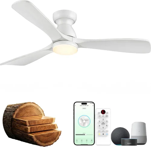 Vista 15 de Ventiladores de techo inteligentes de 52 pulgadas con luces, ventilador de techo de madera de perfil bajo para exteriores, motor de CC silencioso
