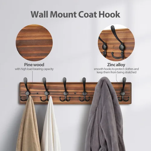 Vista 3 de Perchero de Pared de Montaje en Pared, Perchero de Pared de Madera Resistente para Pared, 6 Ganchos Triples para Colgar Abrigos, Chaqueta, Sombrero