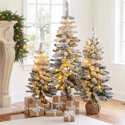 Vista 14 de Cinnyvoice Set of 3 Pre-lit Potted Christmas Tree with led, 2 ft, 3ft,4 ft Árbol de ciprés artificial preiluminado con base de cesta tejida
