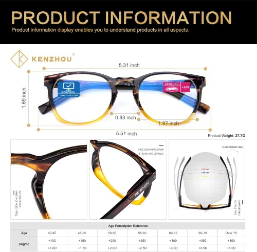 Vista 2 de Gafas de lectura K Kenzhou para el ordenador, con bloqueo de luz azul, gafas ligeras para mujer, paquete de 2 unidades (negro/amarillo)