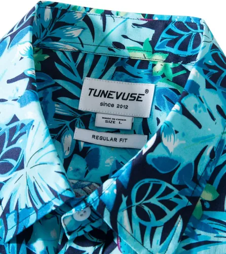 Vista 3 de TUNEVUSE Camisa hawaiana de manga corta con botones y estampado floral para hombre, 100% algodón