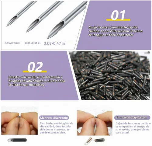Vista 2 de ISO - Microchips de identificación para mascotas, paquete de 20 unidades, mini pequeños de 0.049 x 0.276 in, uso para animales pequeños, cachorros