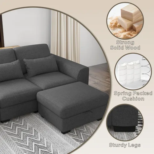 Vista 3 de Moderno sofá de lino en forma de L de 130 pulgadas, sofá modular de 4 asientos con 4 almohadas, otomanas de almacenamiento, sofá cama convertible