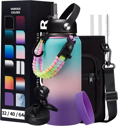 Vista 52 de Botella de agua aislada de 1 galón, con popote y tapa de pico automático, mango de paracord, funda para botella, botella de agua de acero inoxidable