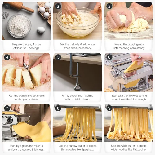 Vista 6 de ISILER Máquina para hacer pasta, 9 ajustes de grosor ajustables, máquina de pasta 2 en 1 con rodillos y cortador, fabricante de fideos para piel