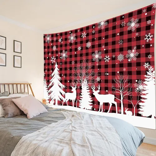 Vista 4 de HVEST Tapiz de nieve de invierno para colgar en la pared, diseño de ciervo y conejo blanco sobre fondo a cuadros rojos y negros, tapiz de copo