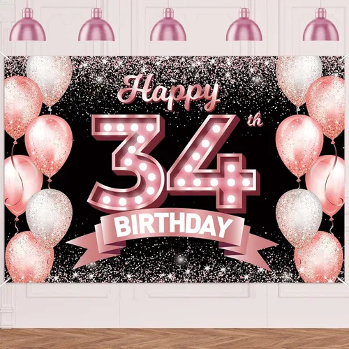 Vista 294 de Cartel de feliz cumpleaños décimo oro rosa, telón de fondo, saludos a 10 años, globos de confeti, decoración temática para niñas de 10 años