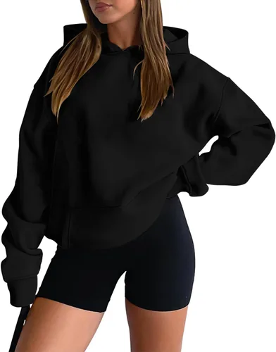 Vista 45 de onlypuff Sudadera casual con capucha para mujer, de manga larga, con bolsillo de canguro, hombro caído