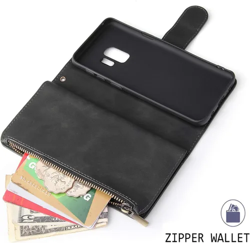 Vista 4 de UEEBAI Funda tipo cartera para Samsung Galaxy S9 Plus, funda de piel sintética, cierre magnético, bolsillo con cremallera, ranuras para tarjetas
