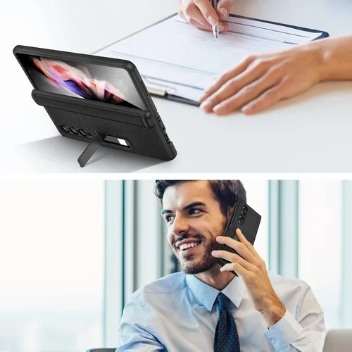 Vista 8 de Ruky - Carcasa para Samsung Galaxy Z Fold 3, color negro Magnetic Kickstand, Hinge Protection, Built-in Screen Protector PU Leather Stand Case for