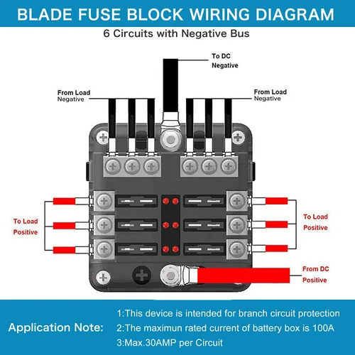Vista 5 de Bloque de fusibles de 6 vías, fusible de cuchilla de 12V, 6 circuitos ATC/ATO, soporte para caja de fusibles impermeable con indicador LED, cubierta
