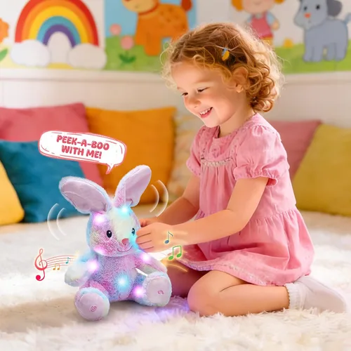 Vista 5 de Glow Guards Peek-a-Boo - Peluche de conejo de 10 pulgadas, juguete de peluche de conejo arcoíris que canta, juguetes de peluche interactivos