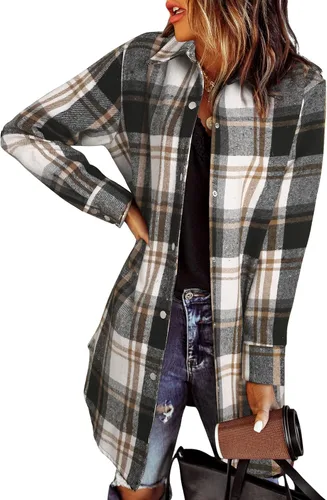 Vista 8 de EVALESS Chamarra Shacket de Cuadros con Bloques de Color para Mujer, Ropa de Otoño, Conjuntos de Moda 1b marrón