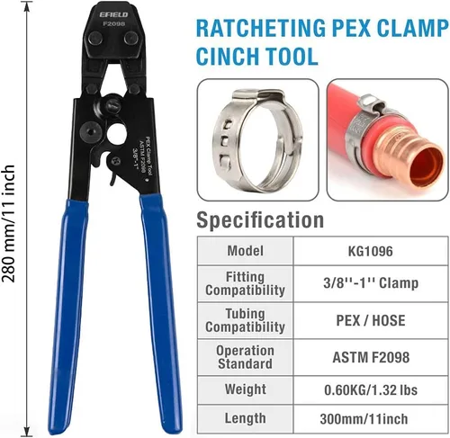 Vista 3 de EFIELD Herramienta de pinza de crimpado Pex para 3/8 pulgadas con calibre Go/No-Go - Abrazaderas de acero inoxidable de 1 pulgada cumplen
