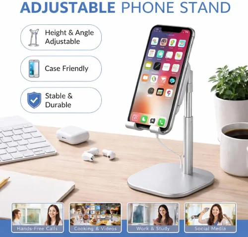 Vista 5 de Mizi Soporte para teléfono celular, ángulo y altura ajustable, soporte de teléfono de escritorio compatible con iPhone 17/16/15 Pro Max, Samsung