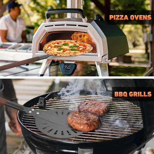 Vista 6 de Pala giratoria de pizza de aluminio perforado de 8 pulgadas con mango de madera, espátula de pizza de longitud ajustable 2 en 1, 48 pulgadas