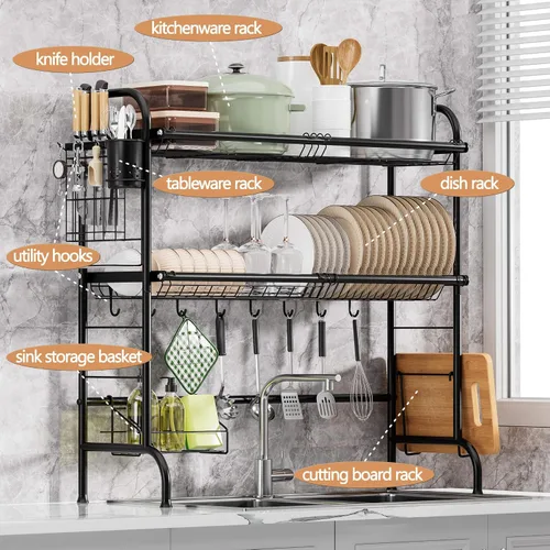Vista 2 de MOUKABAL Escurridor de platos – Escurridor de platos de acero inoxidable (longitud expandible), escurridor grande de 2 niveles con soporte