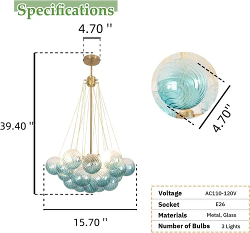 Vista 9 de Candelabro de cristal con forma de bola de burbujas, lámpara colgante moderna nórdica para comedor con pantalla de vidrio azul degradado, globos