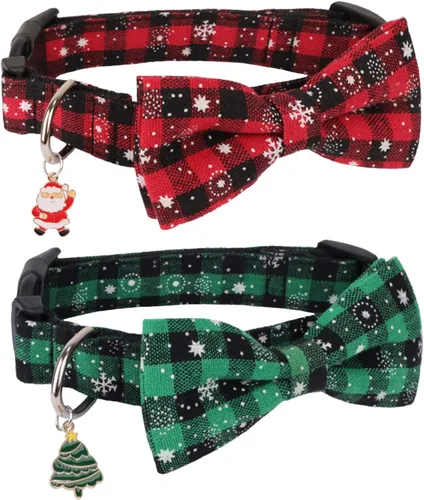 Vista 7 de PTDECOR Collar de Navidad para perro con lazo, ajustable a cuadros rojos y verdes con corbatín extraíble, collares de Navidad para perros pequeños