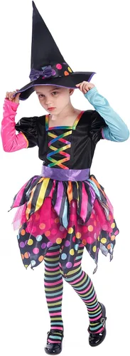 Vista 2 de Sincere Party Disfraz de bruja de Halloween para niñas, adorable disfraz de bruja colorido neón de lujo.