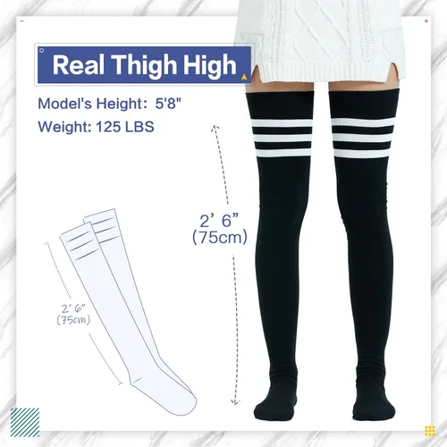 Vista 2 de Kayhoma Extra Long Cotton Stripe Thigh High Socks Over the Knee High Plus Size Stockings