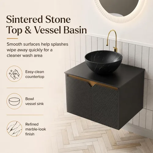 Vista 4 de Vanidad de baño flotante de 24 pulgadas con fregadero, gabinete estriado Fregadero de cerámica negro + negro
