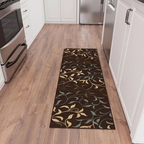 Vista 44 de Ottomanson, colección OttoHome, tapete para corredor con diseño azul claro y damasco (antiderrapante), parte trasera de goma Floral Beige