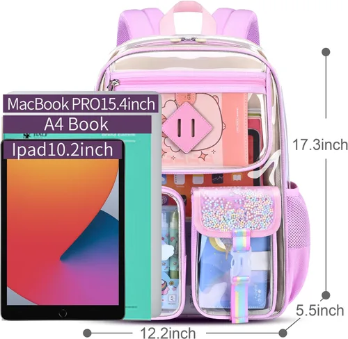 Vista 7 de Mochila transparente para hombre, mochila impermeable, escuela secundaria negra, escuela secundaria y universidad, Rosado, Estándar, Casual moderno
