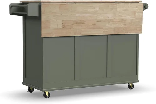 Vista 13 de Homestyles Carrito móvil de isla de cocina con parte superior de madera y barra de desayuno con hoja desplegable, 18" de profundidad x 53.5" de Verde