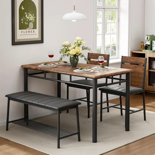 Vista 4 de IRONCK Juego de mesa de comedor para 4, juego de mesa y sillas de cocina Marrón rústico