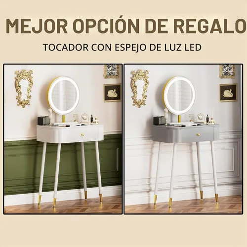 Vista 7 de WinZo Mesa de tocador de 24" con espejo y luces, pequeña mesa de tocador de maquillaje con 1 cajón de almacenamiento, elegante mesa de tocador